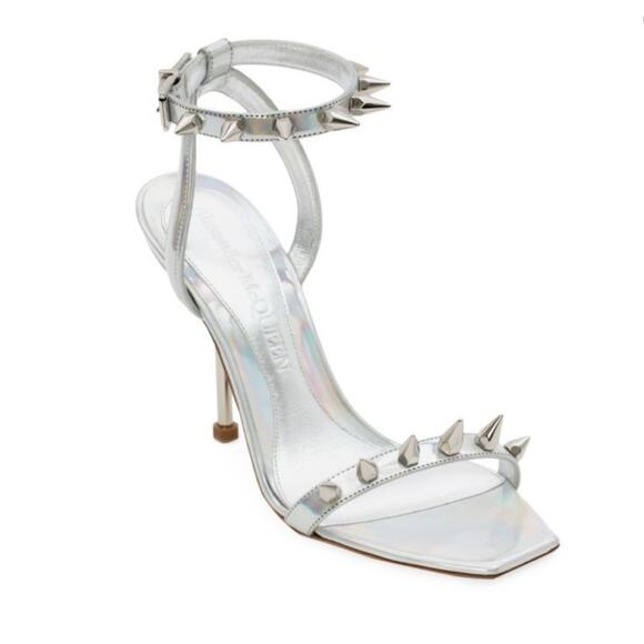 NIB ALEXANDER MCQUEEN Women’s Silver Punk Stud Metallic Ankle-Strap Sandals - Picture 1 of 15